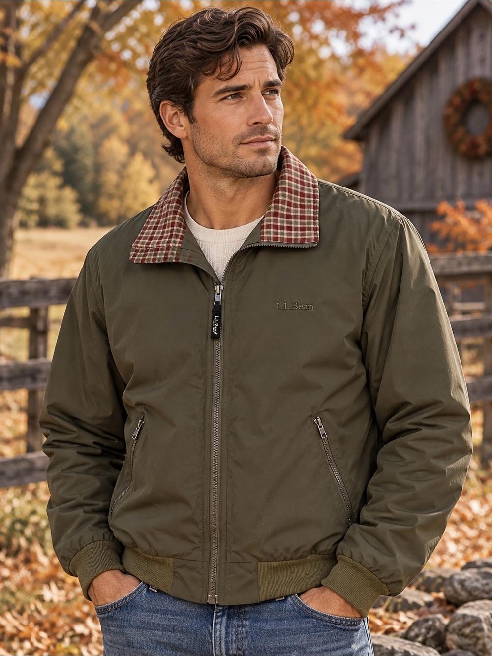 L.L. Bean Vintage Mens L Olive Green Nylon Plaid Lined Bomber Jacket Country